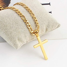 FZTN Jewelry Gold Cross Necklace for Men Women Teen Boys 24 Inch Flat Figaro Chain Necklace 18K Gold Plated Stainless Steel Fashion Jewelry