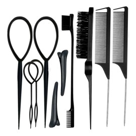 Kit Cepillos Y Peines Peinado Cabello Pinza Peluquería 10pz Negro