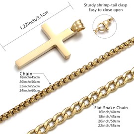 HSWYFCJY 2PCS Cross Necklace for Men Gold Layered Cross Chain Stainless Steel 55cm Cuban Chain And 60cm Round Box Chains with Cross Pendant length Multi Necklace Gifts for Men Women