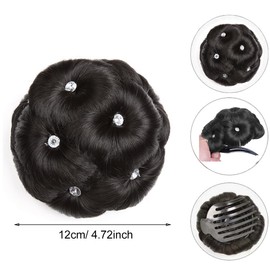 VANTOBEST Clip in Fake Hair Bun for Women Chignon with Rhinestone Synthetic Claw In Ponytail Hair Extension Hair Donut Hairpieces Scrunchies Claw Hair Bun Hair Piece (Nature Black with Rhinestone)