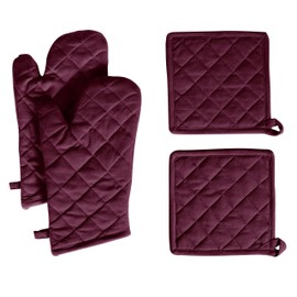 Native Fab 4 Piece Set - 2 Oven Mitts & 2 Potholders, Heat Resistant, 100% Cotton, Quilted Design, Non-Slip Grip, Machine Washable, Ideal for Baking, Cooking, BBQ, Kitchen Protection - Burgundy Wine