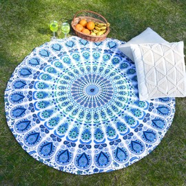 RAJRANG BRINGING RAJASTHAN TO YOU Ombre-Mandala-Wandteppich, 121,9 cm, rund, Tischdecke aus reiner Baumwolle, Hippie, dekorative Trippy-Wandteppiche, Bohemian-Boho-Indisch – Himmelblau