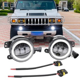HMCYCI 4 Inch Fog Lights Assembly Compatible with Hummer H2 Fog Lights 2003 2004 2005 2006 2007 2008 2009, Front Bumper DRL Amber Turn Signal LED Fog Lamps, 6000K IP67 Waterproof, Pack of 2
