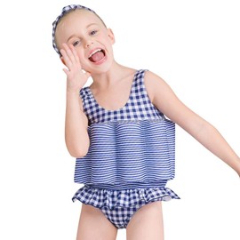 Boy Girl Toddler Striped Floatation Swimsuit with Adjustable Buoyancy Summer Training Float Suit Swim Vest Life Jacket Floating One Piece Swimwear Safety Pool Bathing Suit Swimming Blue Plaid 18-24M