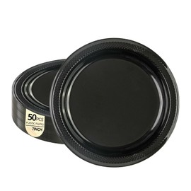 HiEnjoin 50PCS Black Plastic Plates, Disposable 7 Inch Plastic Dinner Plates Solid Color Premium Heavy Weight Tableware Party Supplies for BBQ, Picnic, Parties, Travel Recyclable