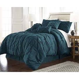 HNU 7 Piece Pintuck Comforter Set King, Pinch Pleated Classic Contemporary Elegant Textured Decorative Green Teal Bedding Warm Soft Cozy Comfy Microfiber Fabric