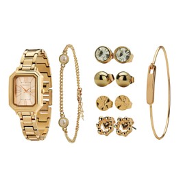 TIME100 Women's Rectangular Watch Set with Bracelet, Chain, and 4 Pairs of Earrings, Pink Zippered Gift Box W50893L