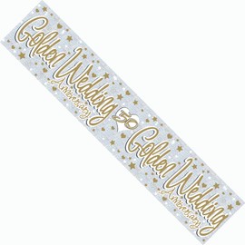 Golden Anniversary Party Decoration Banner Garland 50th Wedding Cheers to 50 Years Silver And Gold Wedding Giant Extra Wide Recyclable Eco Friendly Holographic Shiny Sparkly Party Banner