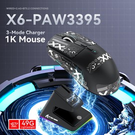 ATTACK SHARK X6 Lightweight Wireless Gaming Mouse with RGB Backlight Charging Base,Tri-Mode Wired/2.4GHz/BT5.2,26K DPI, PAW3395 Optical Sensor,HUANO Switch,5programmable Buttons,PC/Mac(Black+Sticker)