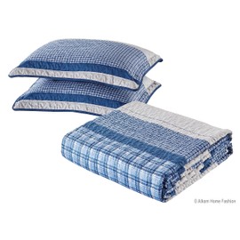 All American Collection Blue and Gray Modern Plaid 2-Piece Twin Bedspread and Pillow Sham Set | Matching Curtains Available