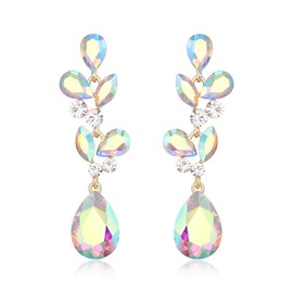 EVER FAITH Austrian Crystal Wedding Floral Leaf Teardrop Pierced Chandelier Earrings Silver-Tone For Brides, Crystal
