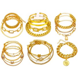 XKAWRT 6 Sets of Bohemian Bracelet Sets for women to Stack Thick and Exquisite BraceletsAdjustable Chains Flat Cuffs, and Cuban Punk Jewelry Gifts, Large, alloy, no gemstone