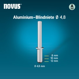 Novus Tools Aluminium Blind Rivets Diameter 4.8 mm, 8 mm Length, 30 Rivets, 2.5-4.0 mm Clamping Length, Ideal for Fixing Non-ferrous Metal, Plastic, Leather and Fabrics