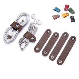 Leather Cord Organizer 4-Pack Premium Cowhide Cable Winder for Earphones, USB Cables, Wires Tangle Free Storage with Snap Closure, 6 Colors Stocking Stuffers, Gifts for Men Women (Coffee)