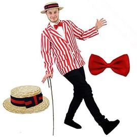 RED WHITE STRIPE BLAZER + STRAW BOATER HAT WITH NAVY & RED RIBBON + RED BOWTIE BARBERSHOP EDWARDIAN PERFECTO FOR FANCY DRESS OR BOOK WEEK JACKET 1920'S SHOW (SMALL)