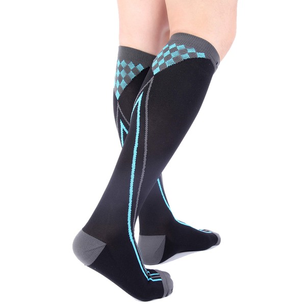 Doc Miller Compression Socks for Running - 20-30mmHg - Medical Graduated Compression Socks for Women Men - Nurses, Travel, Pregnancy and Recovery - 1 Pair Large Size - Black and Blue