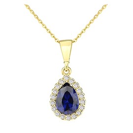 Old English Jewellers 9ct Yellow Gold Sapphire Teardrop Pendant Necklace + 18 inch Chain