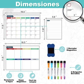 Calendario Magnético para Refrigerador, Pizarron Organizacion 2 Planificador Mensual Semanal con 1 Pizarrón Blanco, Pizarra Magnetica Flexible de Nevera con 6 Plumones y Borrador para notas diario menu semanal magnetico