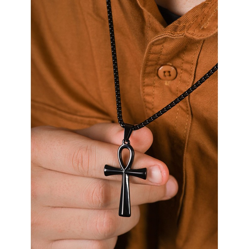 HAQUIL Ankh Necklace, Black Plated Stainless Steel Egyptian Symbol of