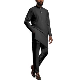 African Dashiki Suits for Men Shirt Pants 2 Piece Set Outfit Nigerian Clothes Wedding Attire Clothing TR6 Solid Black XX-Large