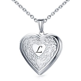 Locket Necklace Holds Pictures Alphabet Initial Letter Love Heart Lockets 18K Gold Plated Photo Memory Locket Necklaces Silver L