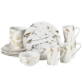 Loymokinar Modern Porcelain 16 Piece White Dinnerware Set,Plates and Bowls Sets,Gold Dish Set for 4,White Dinnerware Set,Dinner Sets with Dinner Plates.