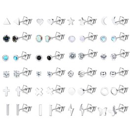 KALVICA 24 Pairs Small Stud Earrings for Women Girls Stainless Steel Earrings Set Tragus Helix Cartilage Earrings Piercing Hypoallergenic Zirconia Butterfly Geometric Silver Stud Earrings Set,