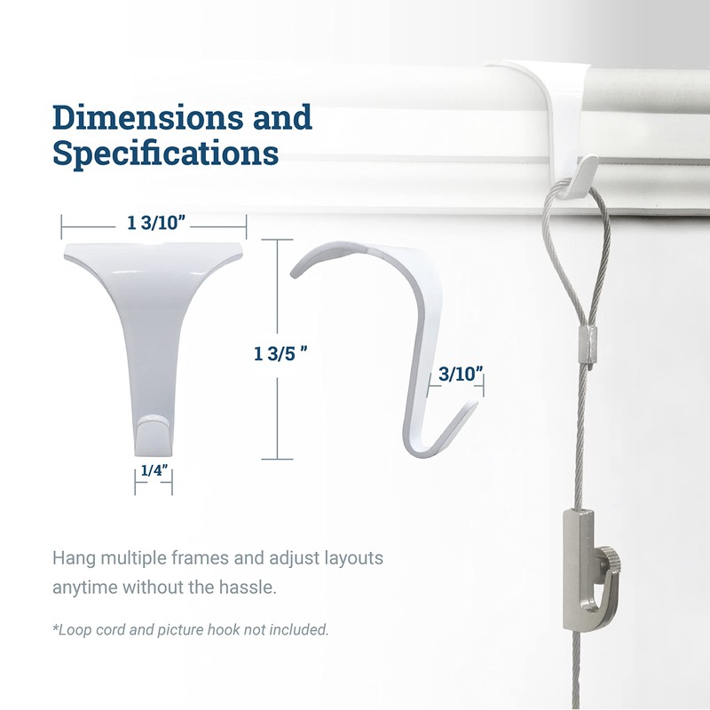 Picture Rail Hooks White - Supports 8 lbs - 10