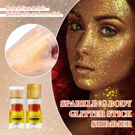 Prreal Shimmmer Body Glitter Stick, Shiny Highlighter Stick, Sparkling Mermaid Sequins Glitter Highlight for Body Face Hair Lips Nails Festival Rave Makeup, Gold