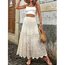 Women's Plain Hollow Out Skirt, Boho Fashion A Line Long Skirt for Beach Holiday Vacation, Ladies Bottoms for All Seasons - Color: White, Size: XL