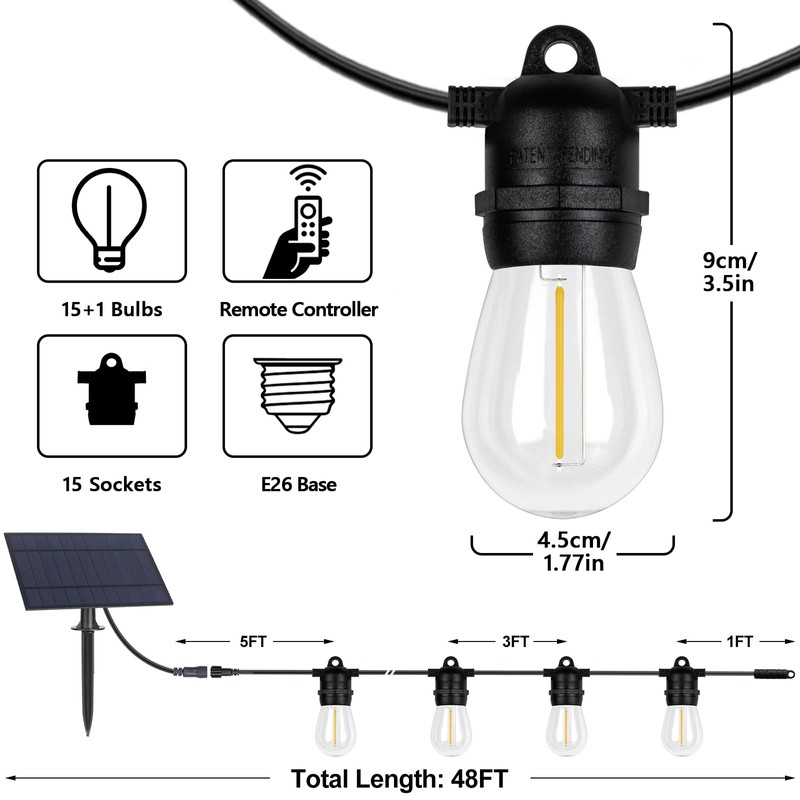 BesLowe 48FT S14 Solar String Lights Outdoor with Remote Controller,