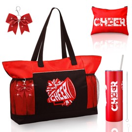 Patelai 4 Pcs Cheerleader Gifts Set Cheer Tote Bag 20 oz Tumbler Makeup Bag Keychain Cheer Stuff Accessories for Cheerleader(Red)