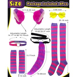 6Pcs Cat Costume Accessories Pink and Purple Striped, Cat Ears Headband Socks Furry Tail Gloves Glasses Animal Cosplay Gifts for Party Dress-up Adult Women