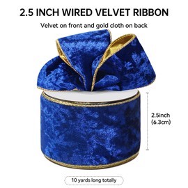 Blue Christmas Velvet Ribbon, Wired Velvet Ribbon 2.5 inch, 10 Yards Wide Blue and Gold Ribbon for Christmas Tree Ornaments, Gift Wrapping, Topper Velvet Bows, Wreaths Crafting, Home Decor
