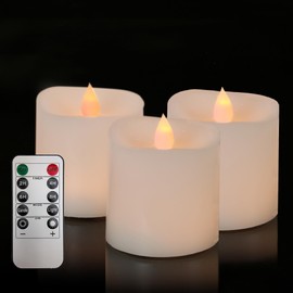 MISSTIME 3x3 Flickering Flameless Candles Set of 3,3 inch Real Wax LED 600 Hours Battery Candles with Timer Remote,Control for Valentines Day Wedding Party Holiday Indoor/Outdoor, White