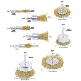 9 Piece Brass Plated Wire Brush Set Wheel Cup Brushes with 1/4" Shank Grinding Brushes for Drills Perfect for Removing Rust, Corrosion, Paint