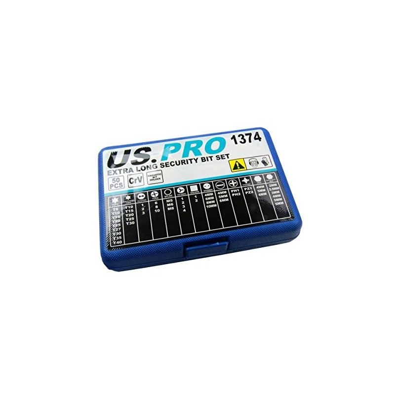 US PRO 50pc Hex Dr.S2 Extra langes Sicherheits-Bit-Set Torx, Inbus,