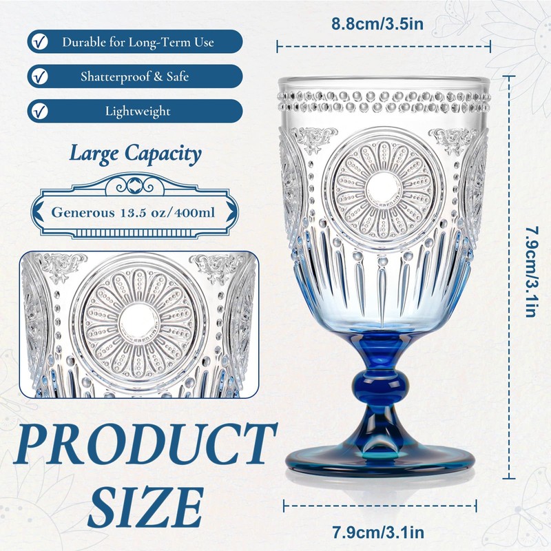 XUWAIDSGN Plastic Vintage Wine Glasses 13.5oz Reusable Embossed Goblet Glasses