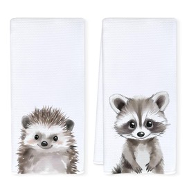 Qnhij Hedgehog and Raccoon Kitchen Towels, Animal Lovers Gifts Dish Tea Towels for Kitchen Decor, Hedgehogs Raccoons Gifts for Women Decorative Hand Towels for Bathroom, 16x24 Inch Set of 2
