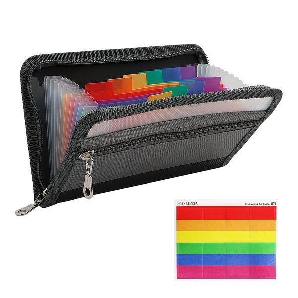 A6 Double Zip Folder with Coloured Tabs, Multi-Pocket File Folder