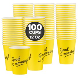 Smygoods 12oz Paper Coffee Cups, Disposable Hot Cups 12 oz, To-Go Coffee Cup, Bright Yellow Good Morning!, No Lids, 100 Pack