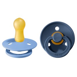 BIBS Colour Paquete de 2 chupetes. Libre de BPA, Tetina redonda. Látex natural, Talla 2 (6-18 meses) Sky Blue/Steel Blue