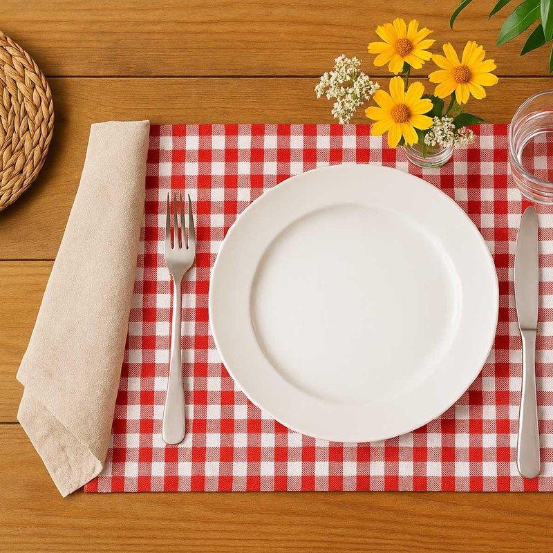Robust red chequered cotton placemat in chequered vichy pattern with