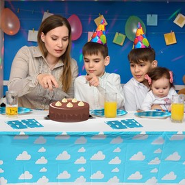 Blue Sky White Clouds Birthday Party Supplies, 20 Plates and 20 Napkins and Tablecloth, Blue Sky Cartoon Theme Birthday Party Decorations for Baby Kids Shower