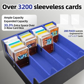 4 Rows Trading Card Storage Box 3200+ Card Organizer Deck Case with 200 Sleeves & 24 Dividers Fits for MTG TCG Magic Baseball Football Basketball Sports Cards (Black & Blue)