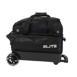 ELITE Deluxe 2 Ball Bowling Bag with 5" smooth wheels, Large Accessory pocket - Separate Compartment holds 1 pair of shoes up to US size 15 men - 36" extendable handle double roller (Sand/Black)