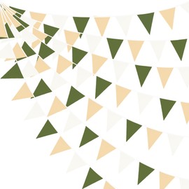 32Ft Olive Green Khaki White Bunting Banner Party Decoration Sage Green Beige Cream Neutral Fabric Triangle Flag Pennant Garland Streamer for Birthday Wedding Woodland Jungle Safari Baby Shower Decor