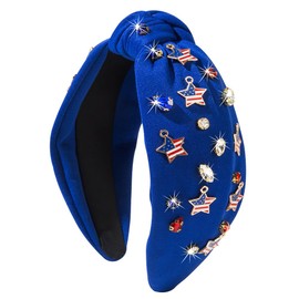 Gosuoa 4th of July Headband for Women, White Red and Blue Rhinestone USA Headbands, Wide Knotted Fourth of July Patriotic Headband Independence Day Hair Accessories