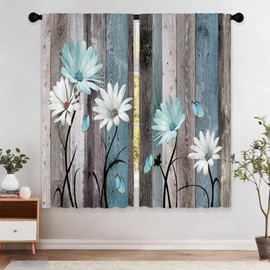 Laifzere Teal Farmhouse Daisy Curtains, Wooden Flower Window Curtains 29x63 Inch for Bedroom Living Room Decor, Rustic Floral Butterfly Country Drapes Treatment Draperies Fabric Rod Pocket (2 Panels