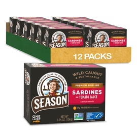 Season Brisling Sardines in Tomato Sauce - Wild Caught, 17g of Protein, Keto Snacks, More Omega 3's Than Tuna, Kosher, High in Calcium, Canned Sardines - 3.75 Oz Tins, 12-Pack